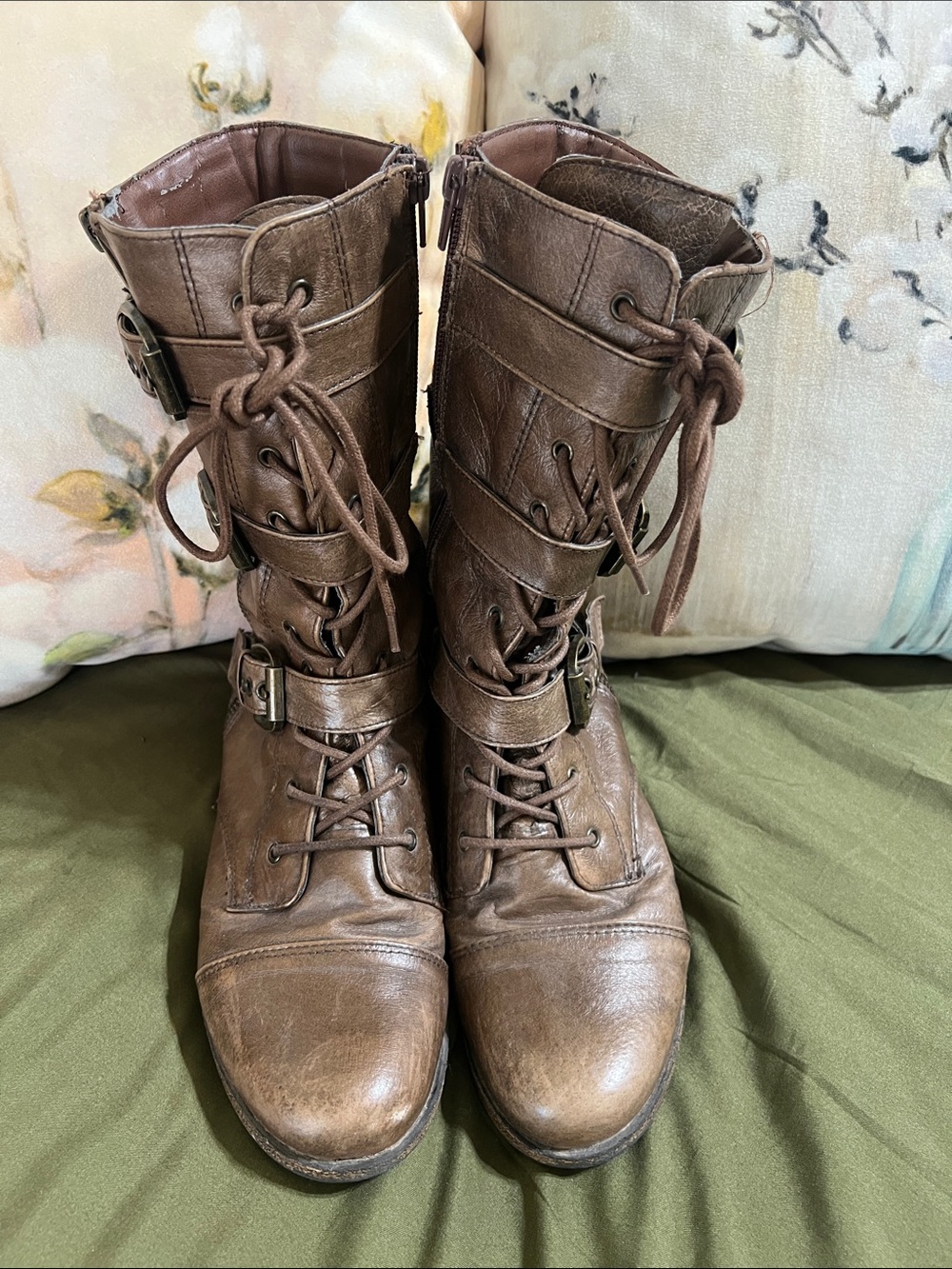 Steve Madden Brown Lace-Up Buckle Combat Boots